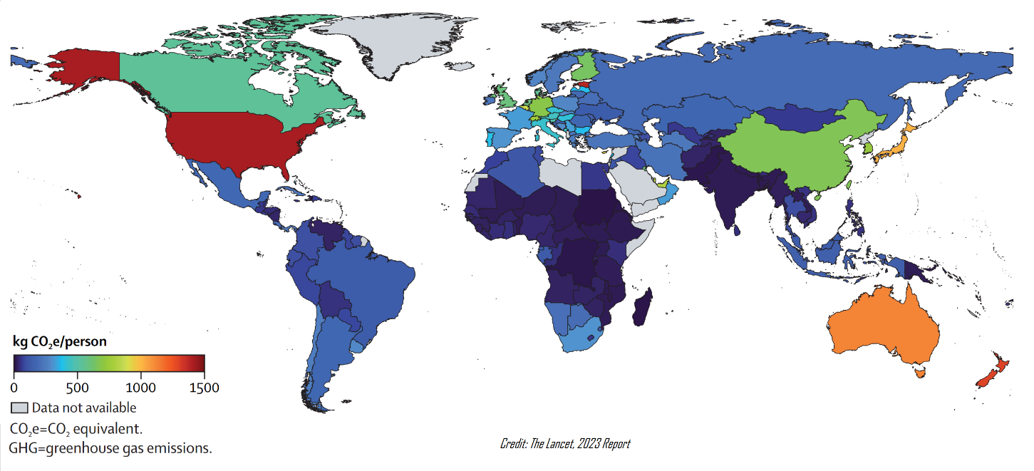 National GHG emissions per capita from the healthcare sector in 2020.
